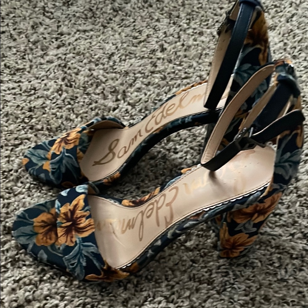 Sam Edelman Blue and Yellow velvet Heels with Chunky Block Heel